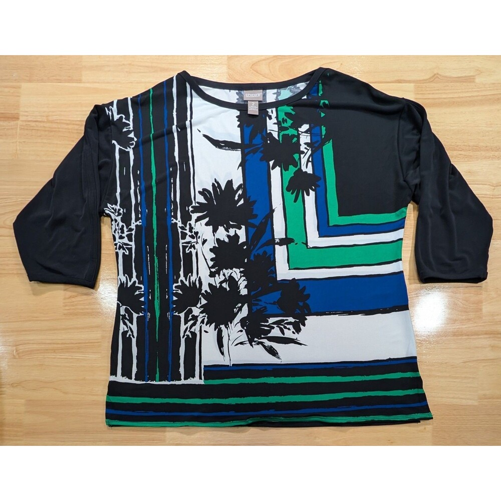 Chicos Blouse Womens 2 Large L 3/4 Sleeve Floral Colorblock Blue Green Stretch